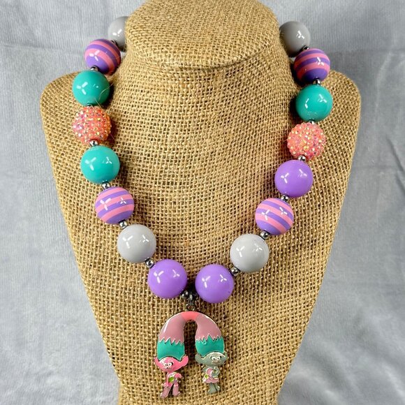 Trolls Pendant Chunky Beaded Necklace Multicolor Pastels Adjustable Women Girls - Picture 2 of 16